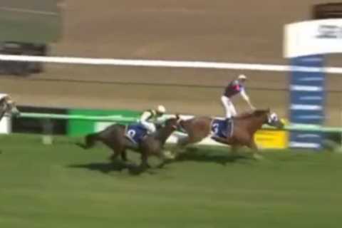 Watch jockey’s ultimate humiliation as he’s banned for celebration that caused horror fall