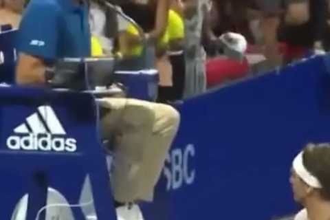 Shocking moment Zverev smashes racket off umpire’s chair in astonishing meltdown before he is..