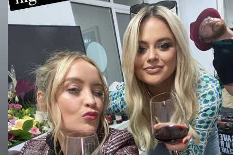 Emily Atack looks incredible as she boozes backstage at Celeb Juice with Laura Whitmore