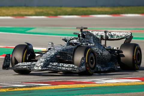 Alfa Romeo run special camouflage car in first public outing during F1 testing in Barcelona to keep ..