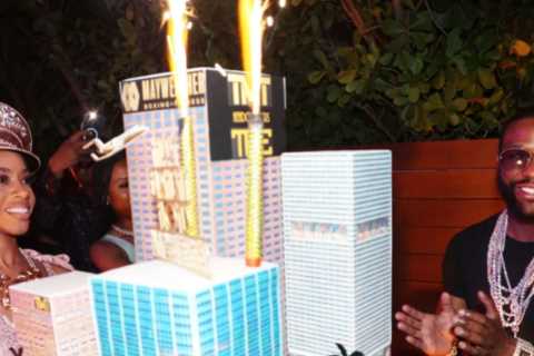 Inside Floyd Mayweather’s birthday party as bikini-clad women carry giant cake of boxing..