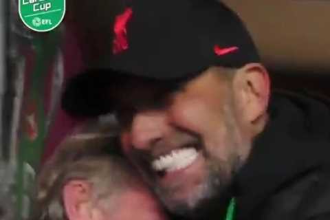 Kenny Dalglish embraces Jurgen Klopp after Carabao Cup final that saw Liverpool beat Chelsea on..
