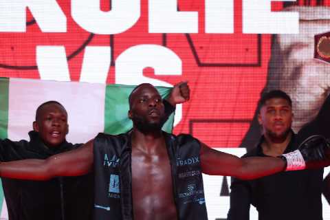 Anthony Joshua and UFC champ Israel Adesanya walk out Lawrence Okolie and watch Brit win hug-heavy..