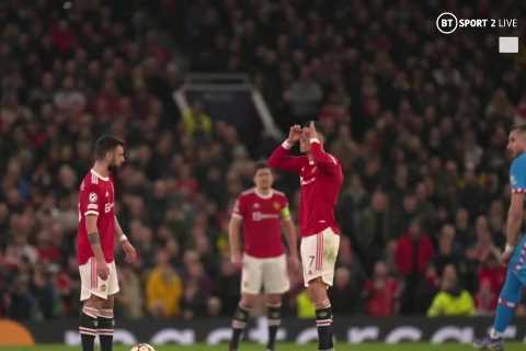 Watch furious Cristiano Ronaldo tell referee he needs glasses during Man Utd’s Champions League KO..