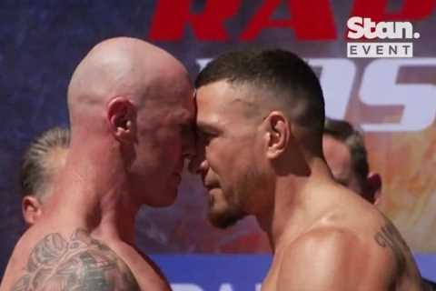 Watch AFL legend Barry Hall HEADBUTT ‘nervous’ Sonny Bill Williams at weigh in ahead of boxing fight