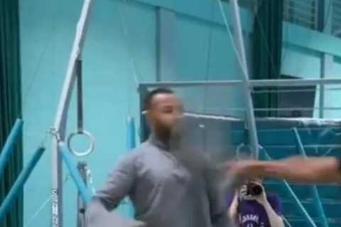Watch Anthony Joshua nail Cristiano Ronaldo’s ‘Siu’ celebration after knocking team-mate off..