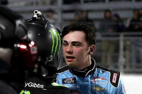 Watch NASCAR drivers Ty Gibbs and Sam Mayer trade punches as desperate officials try to break up..