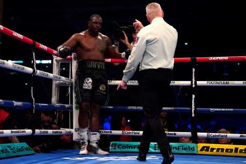 Shocking moment Tyson Fury’s corner ‘throw DRINK at Dillian Whyte during fight’ to leave boxer..