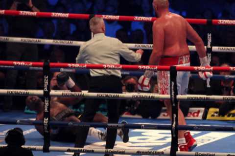 Watch Tyson Fury beg referee to end Dillian Whyte fight after he floors rival with savage uppercut