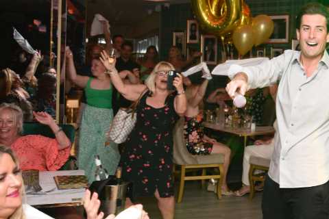 James Argent looks slimmer than ever as he sings at hen party in Spain