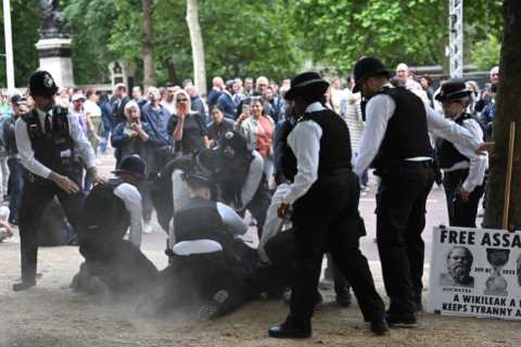 Queen’s Platinum Party at The Palace DRAMA as protesters are arrested on The Mall moments before..