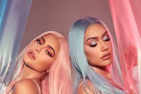 Kylie Jenner shows off her post-baby curves in a pink latex thong bodysuit to promote new makeup..