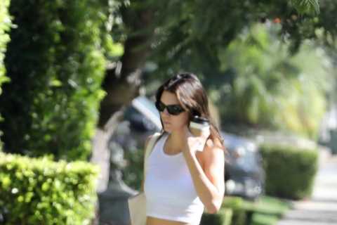 Kendall Jenner shows off slim figure in tiny white crop top as she attempts to hide ‘real face’ in..