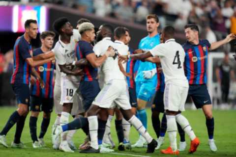 Watch Chelsea icons Eden Hazard and Antonio Rudiger in huge El Clasico brawl as Real Madrid v Barca ..