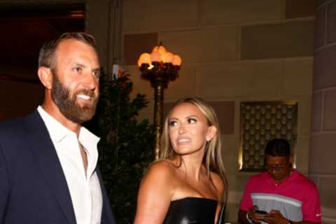 Paulina Gretzky stuns in daring black leather dress as she and Dustin Johnson arrive for LIV Golf..