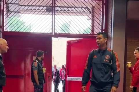 Cristiano Ronaldo arrives at Old Trafford for first Man Utd pre-season game v Rayo Vallecano as he..