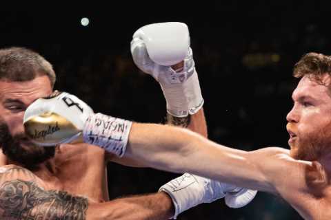 Canelo Alvarez so confident in beating Caleb Plant he boxed with ‘undisputed’ written on gloves..