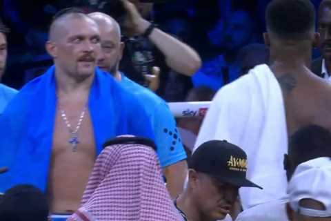 Oleksandr Usyk’s puzzled reaction after Anthony Joshua throws his belts out of ring as new footage..