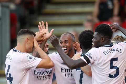 Granit Xhaka jokes with Arsenal pal William Saliba as Gunners icon Patrick Vieira pays Swiss ace..