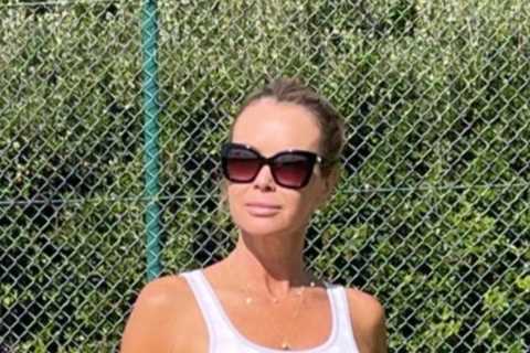 Amanda Holden looks incredible in skintight Sweaty Betting outfit as she plays tennis on holiday