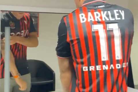 Ross Barkley joins Nice on free transfer from Chelsea to join Aaron Ramsey and poses in front of..