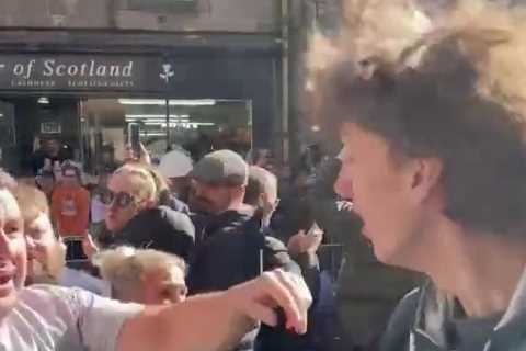 Moment yob thrown to ground by royal mourners after yelling abuse at Prince Andrew during Queen’s..