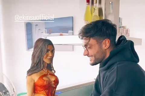 Love Island’s Davide can’t resist being very cheeky as he gets cake in the shape of Ekin-Su
