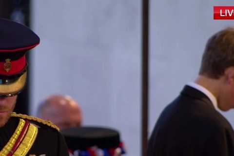 Prince Harry finally gets to wear military uniform as he guards Queen coffin with William and her..