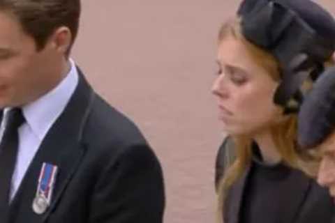 Heart-wrenching moment Princess Beatrice’s husband comforts her as they walk home after Queen’s..