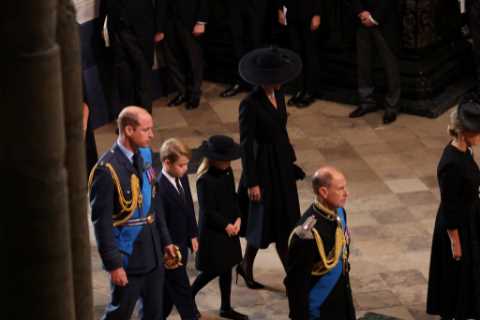Prince George, 9, and Princess Charlotte, 7, walk beside William and Kate as they enter Abbey for..