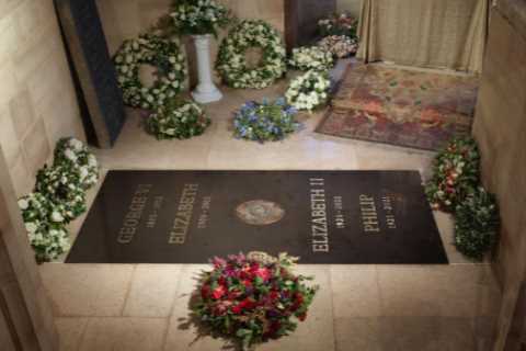 The Queen’s final resting place alongside Prince Philip pictured as their names are carved on..