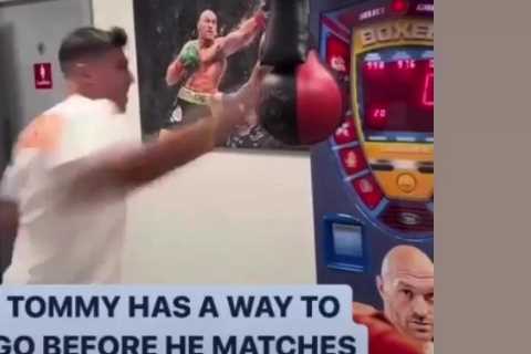 Watch Tommy Fury land massive right hand on punch machine… but fall just short of brother Tyson’s..
