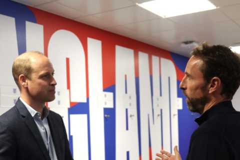 Prince William discusses tactics with England footie boss Gareth Southgate and casts eyes over..
