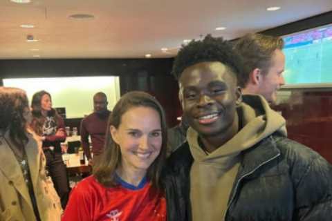 Arsenal star Bukayo Saka beams as he meets Natalie Portman at Wembley after watching England..