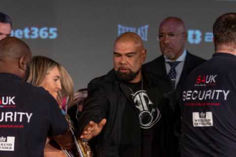 Watch Mikaela Mayer KICK OUT at Alycia Baumgardner as boxing rivals forced apart by security AGAIN..