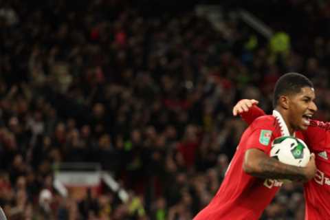Man Utd 4 Aston Villa 2: Hosts twice fight from goal down in frantic second half to keep Carabao..
