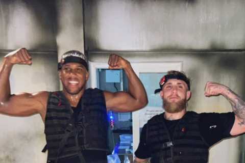 Anthony Joshua and Jake Paul play laser tag together in Dubai ahead of Floyd Mayweather’s fight..