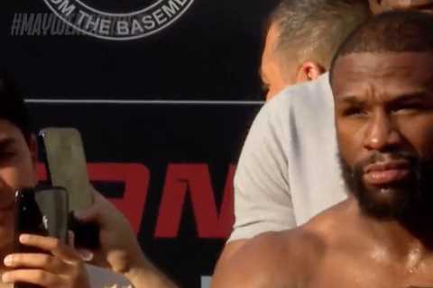 Watch as Floyd Mayweather weighs in over ONE STONE less than YouTuber Deji ahead of exhibition..