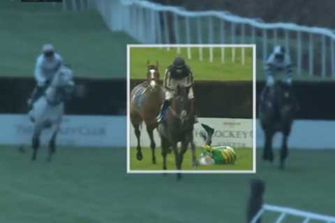 Watch loose horse cause chaos and try to headbutt two others moments after dumping jockey to the..