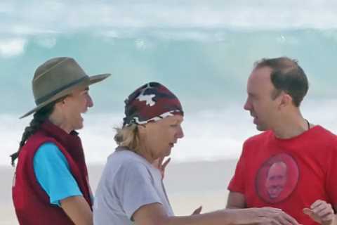 I’m A Celeb’s Matt Hancock, Jill Scott and Sue Cleaver enjoy surf and turf BBQ on the beach after..