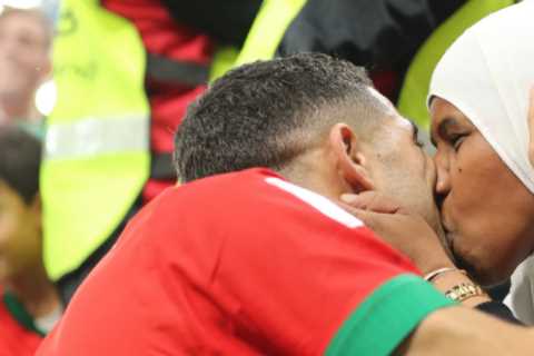Touching moment Morocco hero Achraf Hakimi celebrates with a big kiss from his mum after Spain KO’d ..
