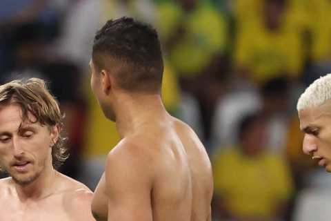 Luka Modric and Casemiro swap shirts at half time of Brazil vs Croatia World Cup clash in..