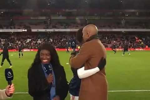 ‘So wholesome’ – Watch Saka run over to hug Henry while Arsenal legend is working as pundit for..