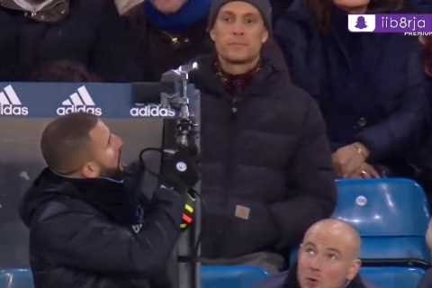 Watch Man City sub Kyle Walker TAKE DOWN Amazon Prime TV camera from Elland Road dugout during Prem ..