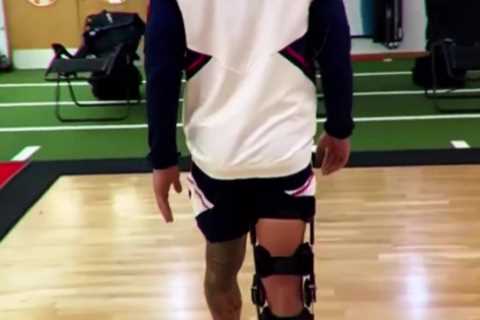 Watch Gabriel Jesus struggle to walk in knee brace as Arsenal star posts injury update video in the ..