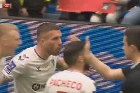 Watch as raging ex-Arsenal star Podolski is sent off during indoor CHARITY match after ‘insulting..