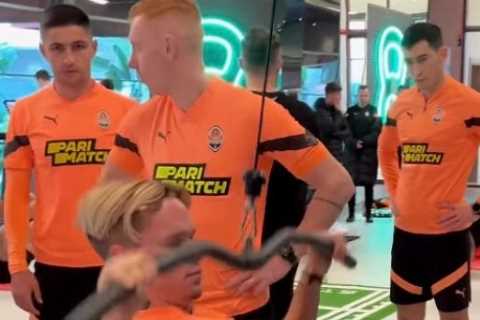 Arsenal transfer target Mykhailo Mudryk hugs team-mates with winger still on Shakhtar mid-winter..