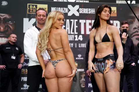 OnlyFans star turned boxer Elle Brooke wears zebra-print bikini as she tucks in to beer and burger..