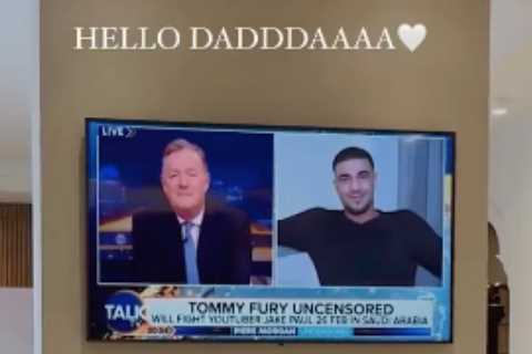 Molly-Mae and baby Bambi watch Tommy Fury being interviewed by Piers Morgan on TalkTV