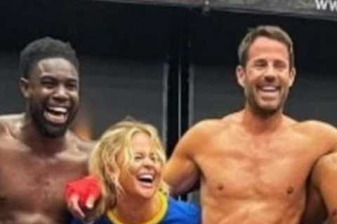 Masked Singer host Joel Dommett and Jamie Redknapp pose topless with Emily Atack – and they’re both ..
